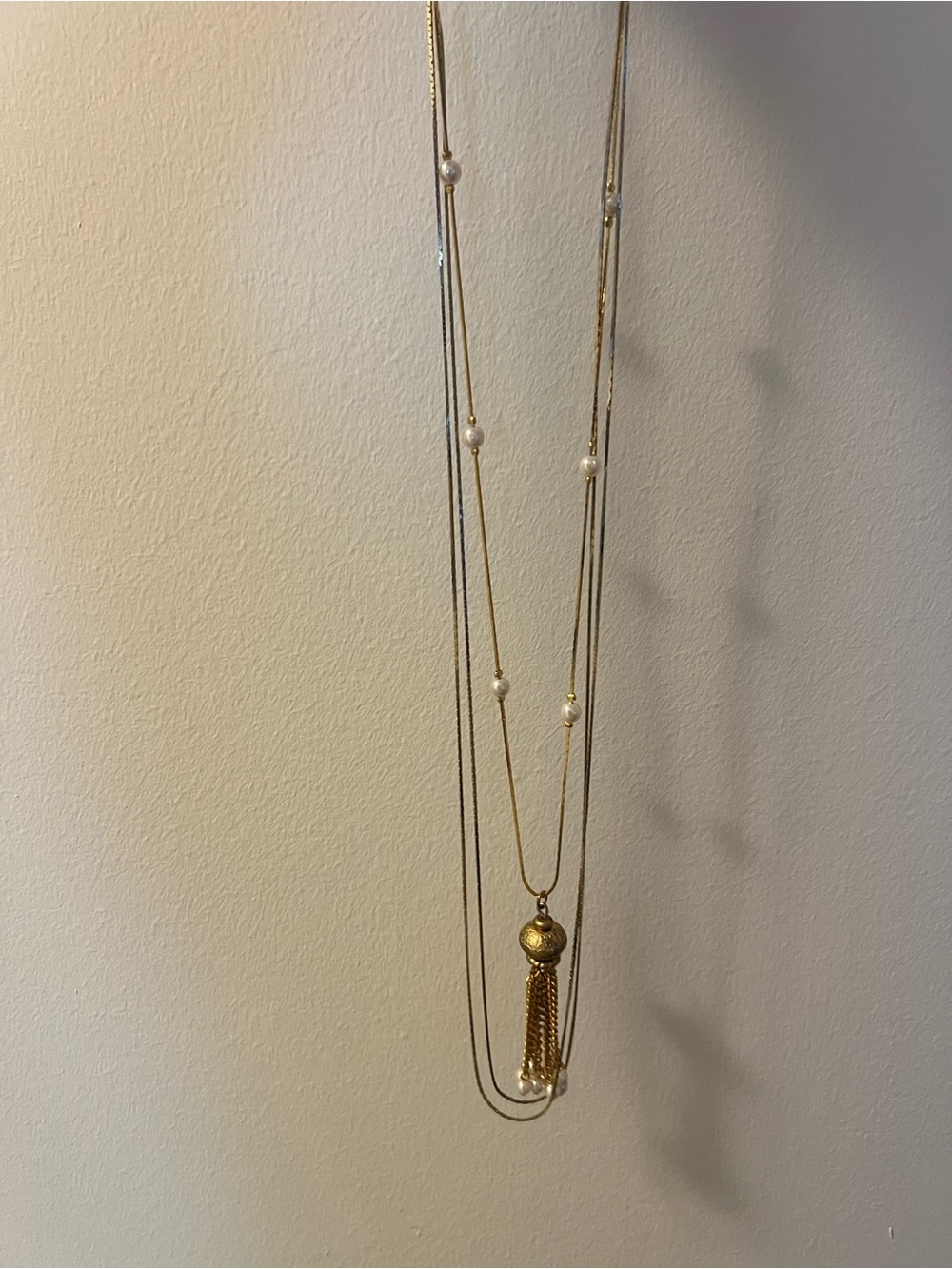 Vintage Gold Tone Multi Strand Pearl Tassel Necklace Long Estate Jewelry